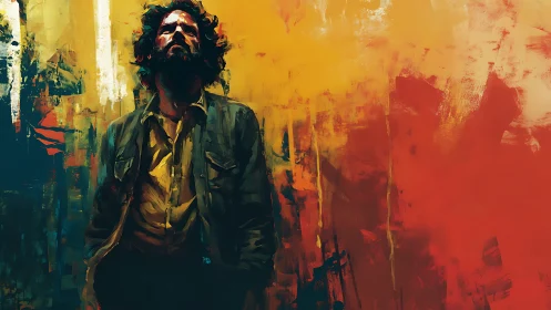 Pensive figure amid abstract chromatic inferno backdrop.