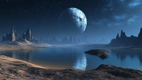 Calm alien shoreline under a glowing moonlit sky.