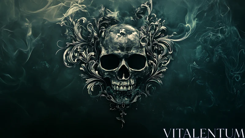 Baroque skull emerges from swirling emerald smoke in darkness