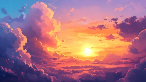 Vivid digital sunset sky with dramatic glowing clouds.