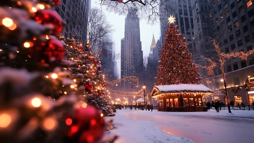 Snow-covered urban plaza displays illuminated Christmas trees