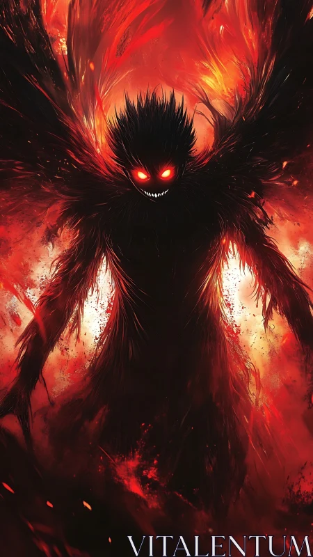 Shadow demon emerges within roaring inferno of swirling fire