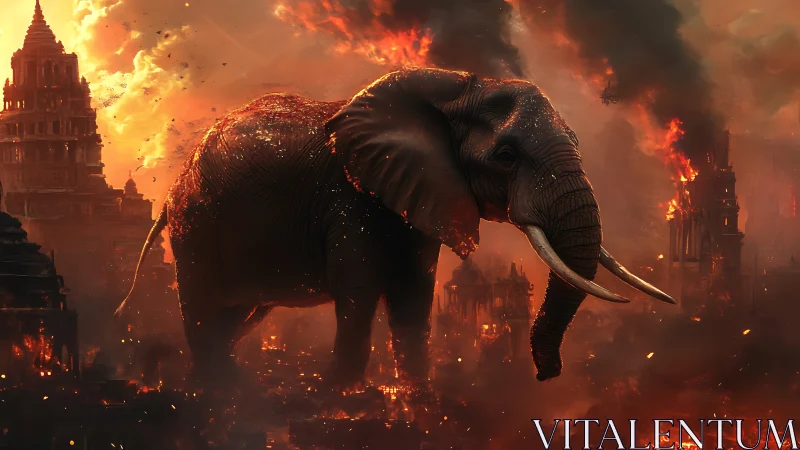 Colossal war elephant strides through burning fallen city.