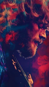 Side-lit guitarist portrait with neon bokeh and color haze