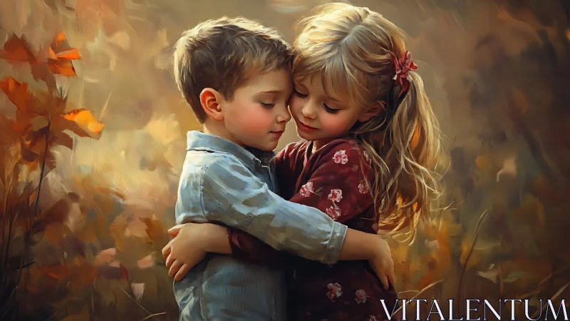 Childhood Tenderness: Two Young Hearts Embrace in Autumn