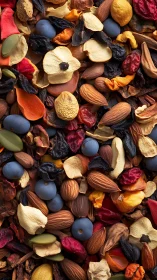 Dry nuts, seeds and fruit are arranged in dense vertical frame