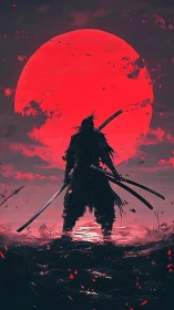 Lone samurai silhouette before colossal crimson moonscape.