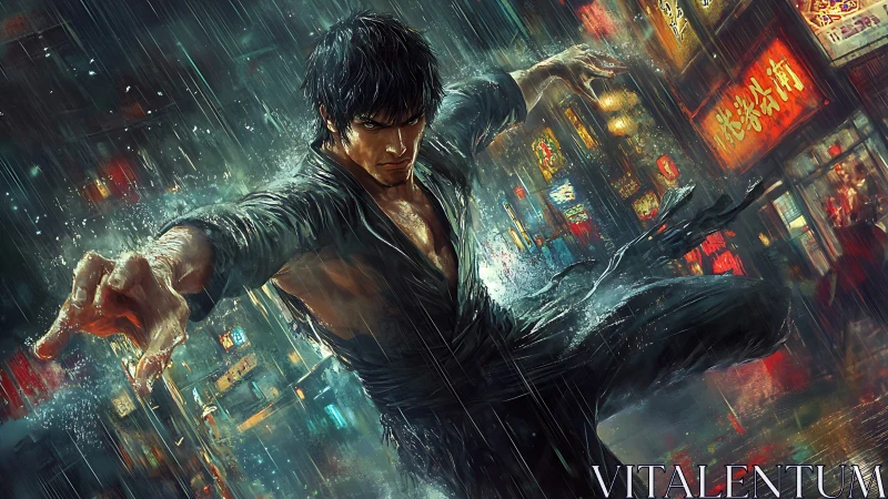 Martial artist mid-kick in neon rain-soaked urban alleyway