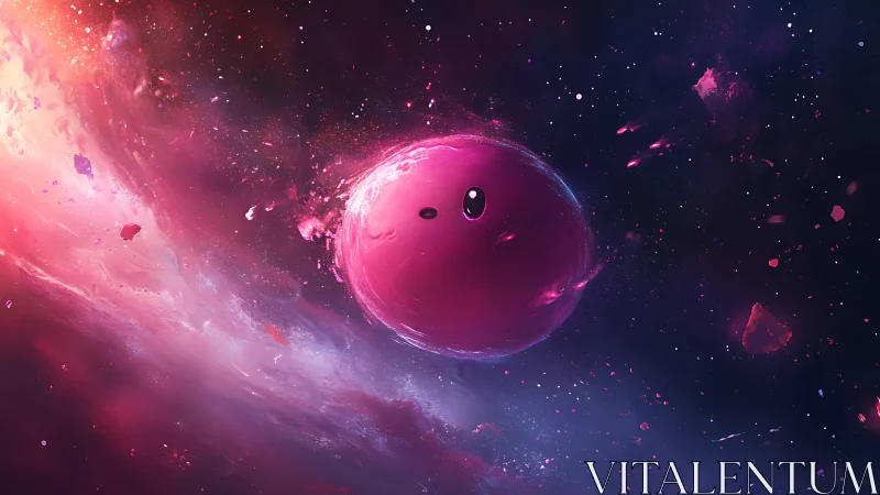 Spherical pink entity drifts within a high-saturation nebula field