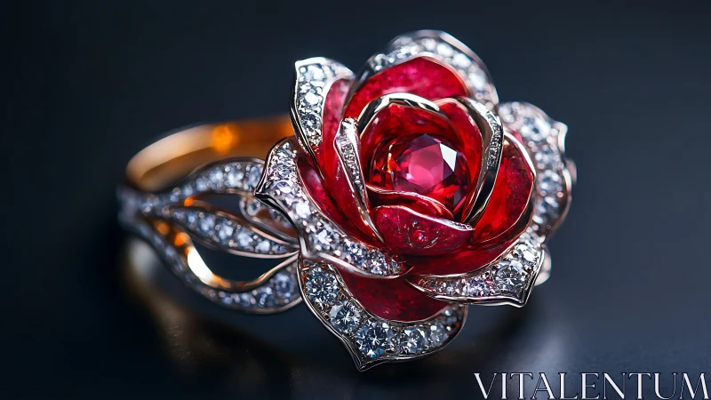 Crimson gemstone rose ring glowing with diamond-lit petals.