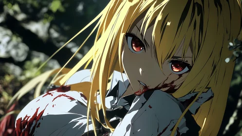 Vampiric anime girl stares fiercely through dappled forest light