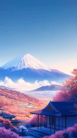 Digital Mt Fuji landscape with pink valley village at dawn.
