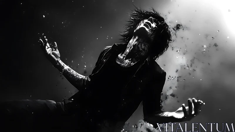 Monochrome anguished figure disintegrates in dramatic light