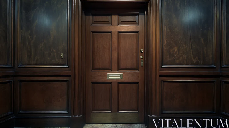 Warm wooden entryway with classic paneled front door.