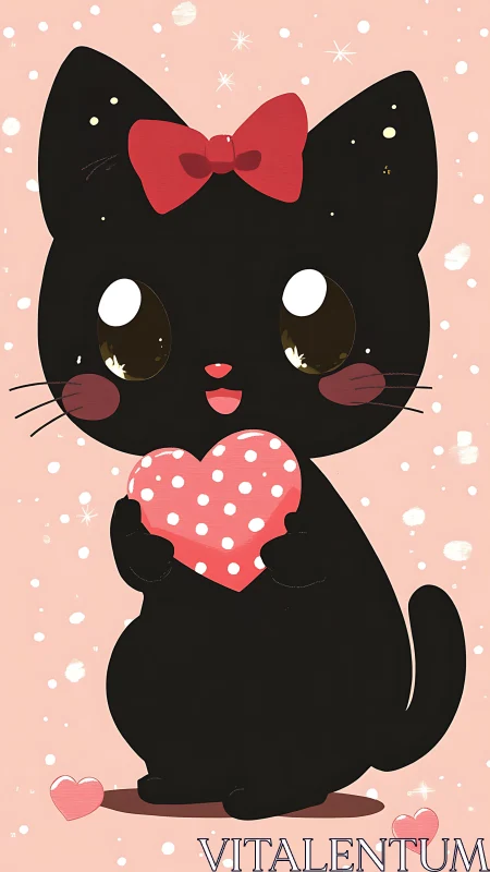 Polka dot heart cuddles sparkle in a bow-topped black kitty