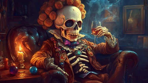 Skeleton aristocrat in velvet chair holding brandy glass.