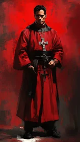 Stern cleric in red robes stands against abstract crimson field