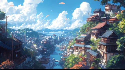 Tiered riverside townscape stacks wooden houses under deep clouds