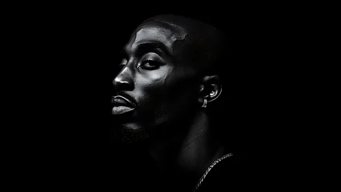 High-contrast low-key portrait with sculpted specular lighting.