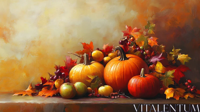 Pumpkins rest among autumn leaves on warm painted table