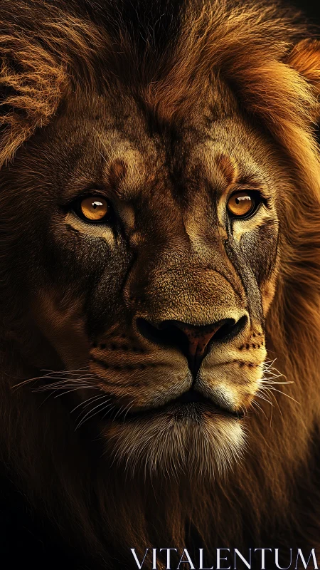 Hyperreal lion portrait isolates golden gaze and detailed mane