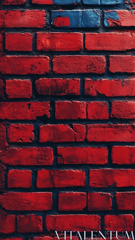 Red painted brick wall exhibits gritty urban surface texture