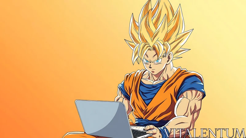 Super-powered anime hero calmly focuses on work at laptop