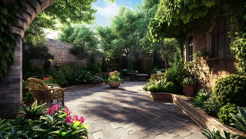 Sunlit stone courtyard garden rendered in photoreal detail