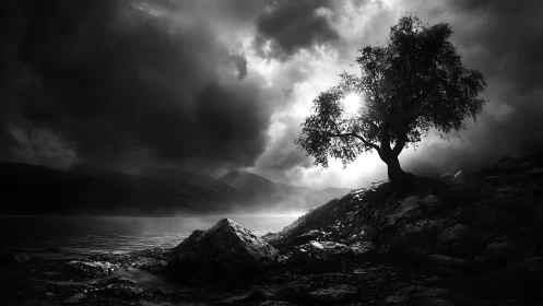 Solitary tree catches harsh backlight over stormy lakeshore