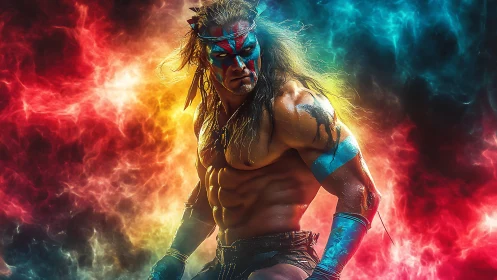 Warrior portrait against dual-color energy nebula background