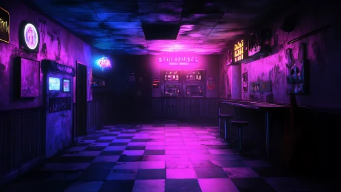 Neon lit bar interior shows empty checkered floor and counter