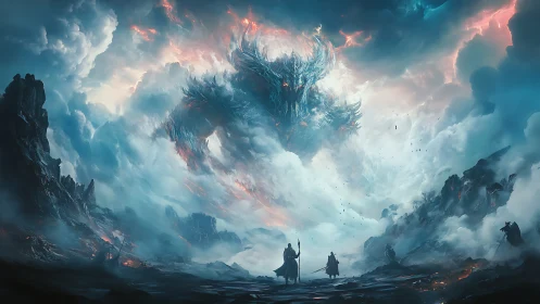 Colossal storm-titan emergence over volcanic ruin battlefield.