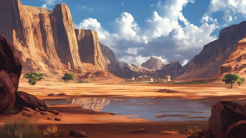 Desert basin with cliffs, sparse trees, and distant settlement.