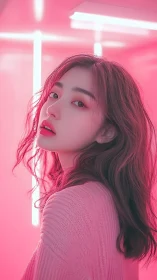 Neon pink-lit portrait with shallow depth and soft diffusion.