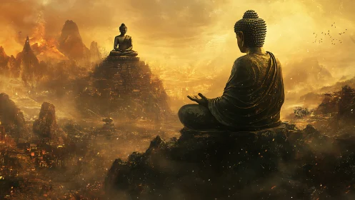 Colossal Buddha statues meditate over burning golden city