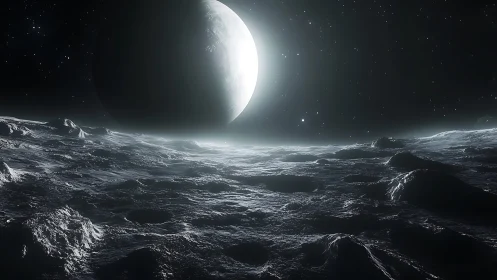 Illuminated planetary body above cratered icy surface.