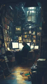 Solitary programmer analyzes code in cluttered, book-lined loft workspace