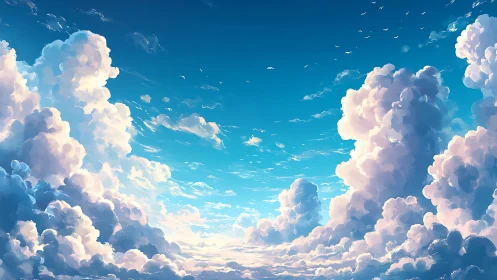 Towering cumulus clouds rise into a bright blue sky
