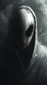 Hooded faceless figure in shadowed monochrome environment.