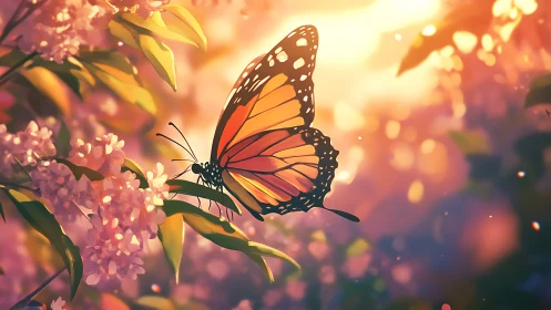 Monarch butterfly on pink blossoms in warm backlighting.