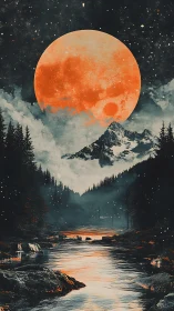 Moonlit river glows softly beneath a towering orange moon