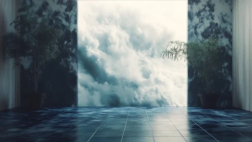 Minimalist sky portal opens from serene tiled interior room