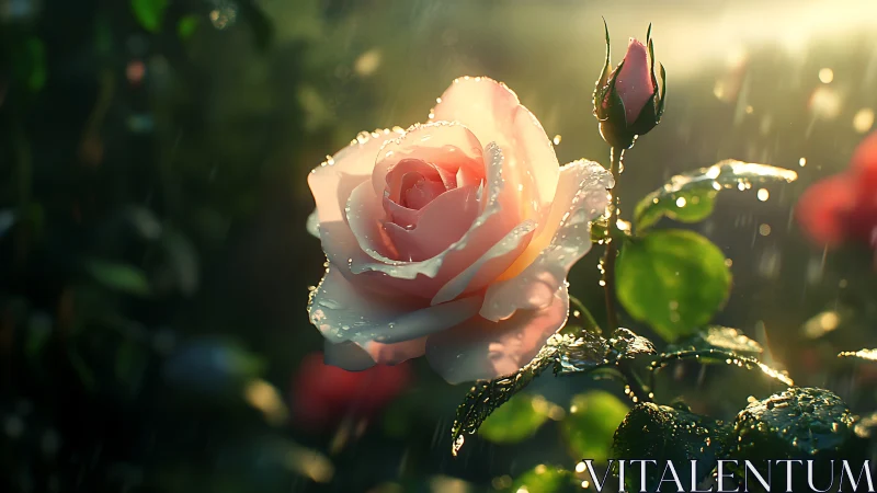 Rose with Morning Dew and Unopened Bud.