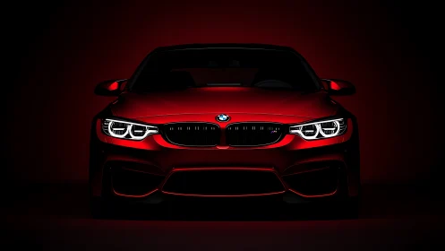 Red BMW coupe front view in dark studio lighting.