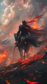 Digital painting of a dark knight rider in volcanic battlefield.