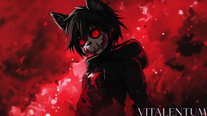 Wolf-eared anime figure stands in red smoke-filled background