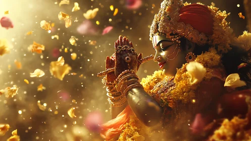 Hindu goddess statue in golden petals and devotional light.