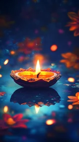 Diya flame reflects over vivid bokeh-lit festival water