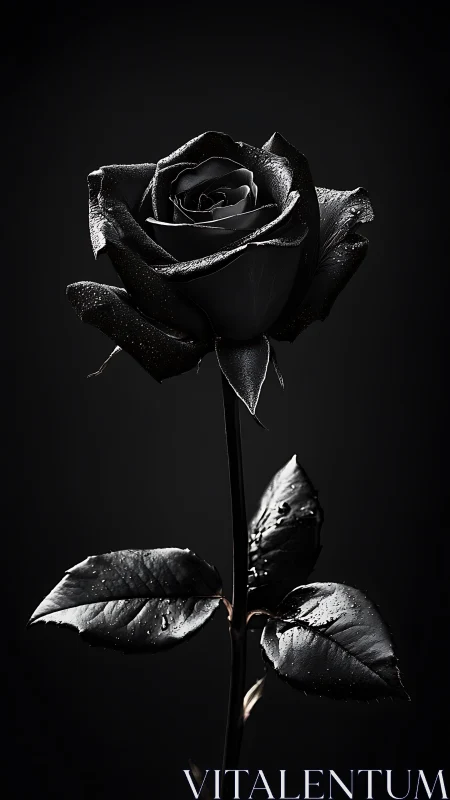 Single black rose stem is isolated under controlled lighting