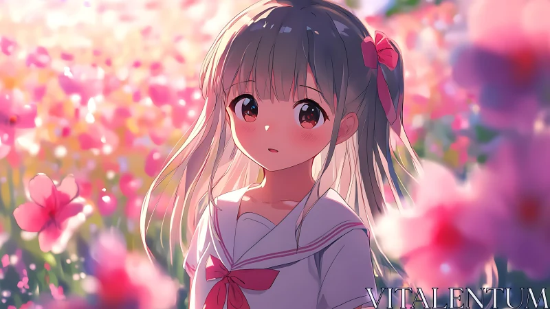 Soft spring light around a quiet anime girl in bloom.